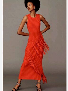 SIMON MILLER Spiral Knit Fringe Bodycon Maxi Dress Paprika XS NWT Anthropologie